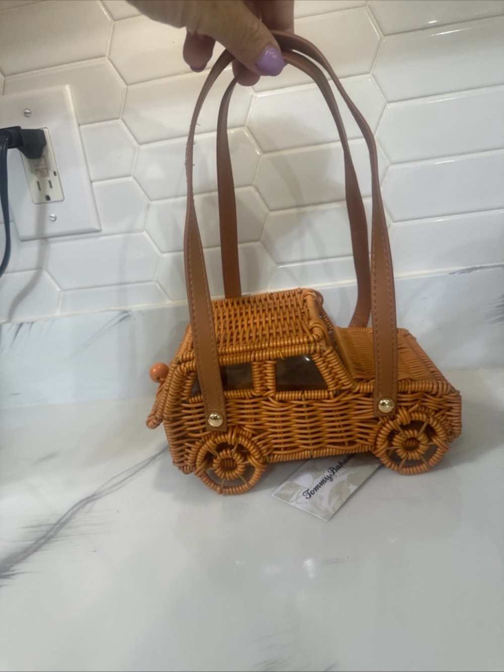 Tommy Bahama Orange Wicker Car-Shaped Mini Bag with Tan Straps
